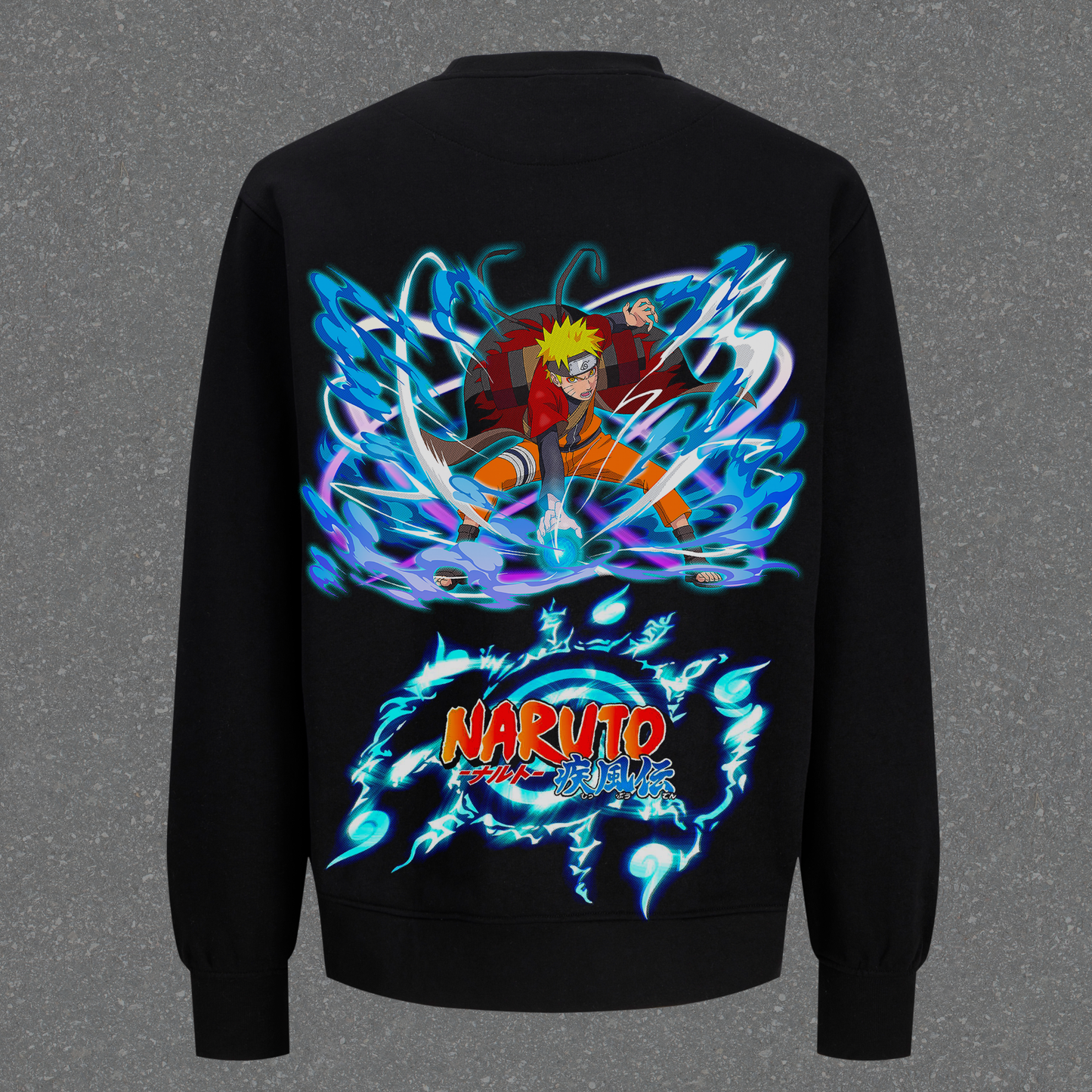 Black sweatshirt with a colorful graphic of a character and dragon on the back against a gray background