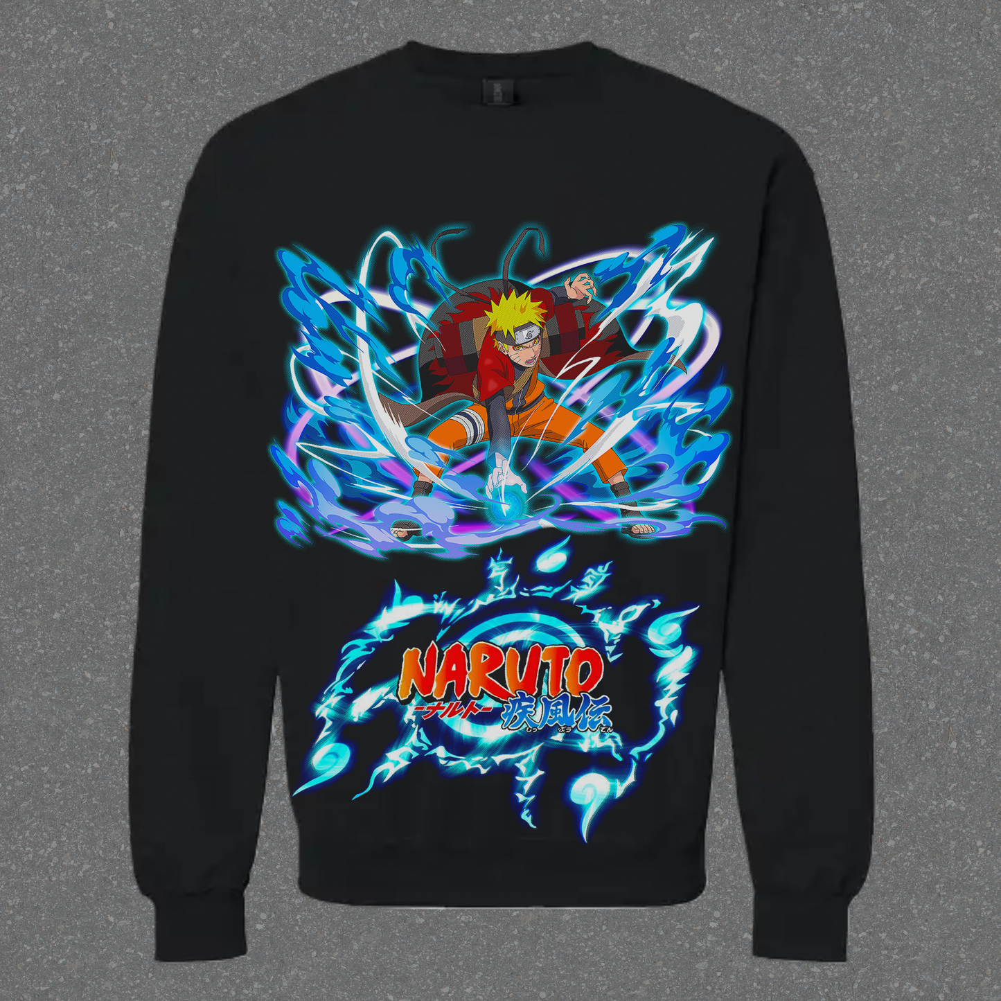 Black sweatshirt with a colorful graphic of a character holding a dragon on a gray background