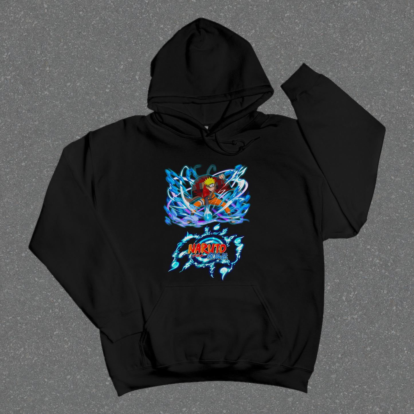 Black hoodie with colorful graphic design on a gray background