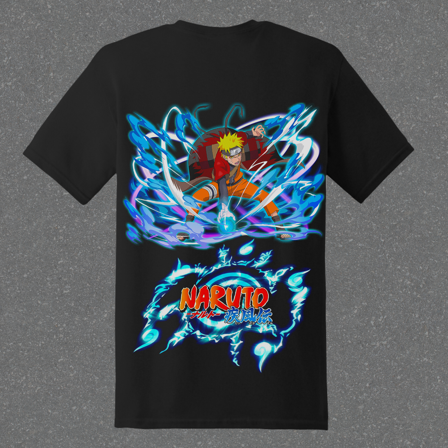 Black t-shirt with Naruto graphic design on a gray background