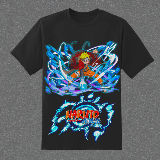 Black t-shirt with a colorful graphic of a character and green dragon on a dark background