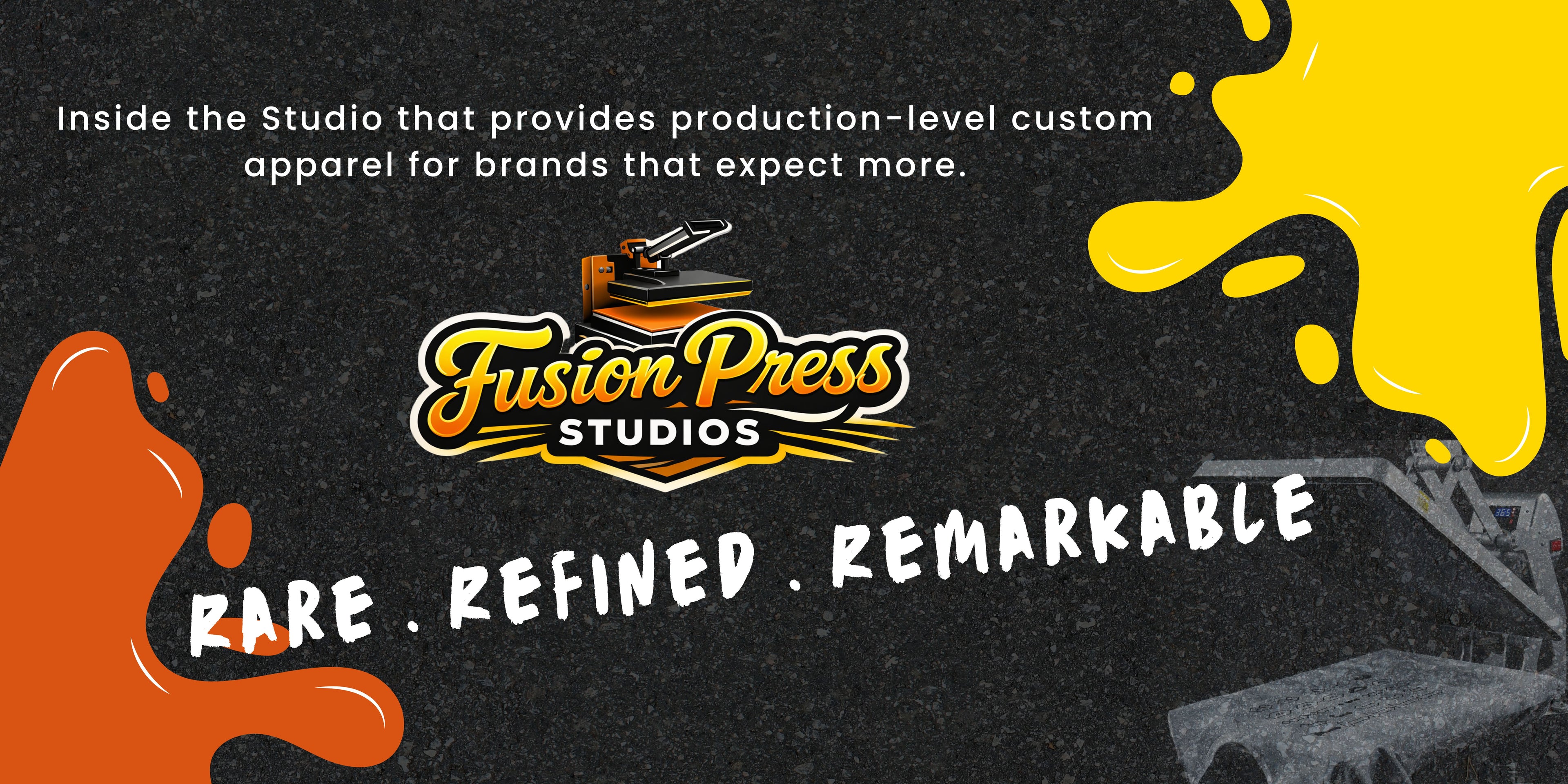 Promotional banner for Fusion Press Studios with colorful text and logo on a dark background