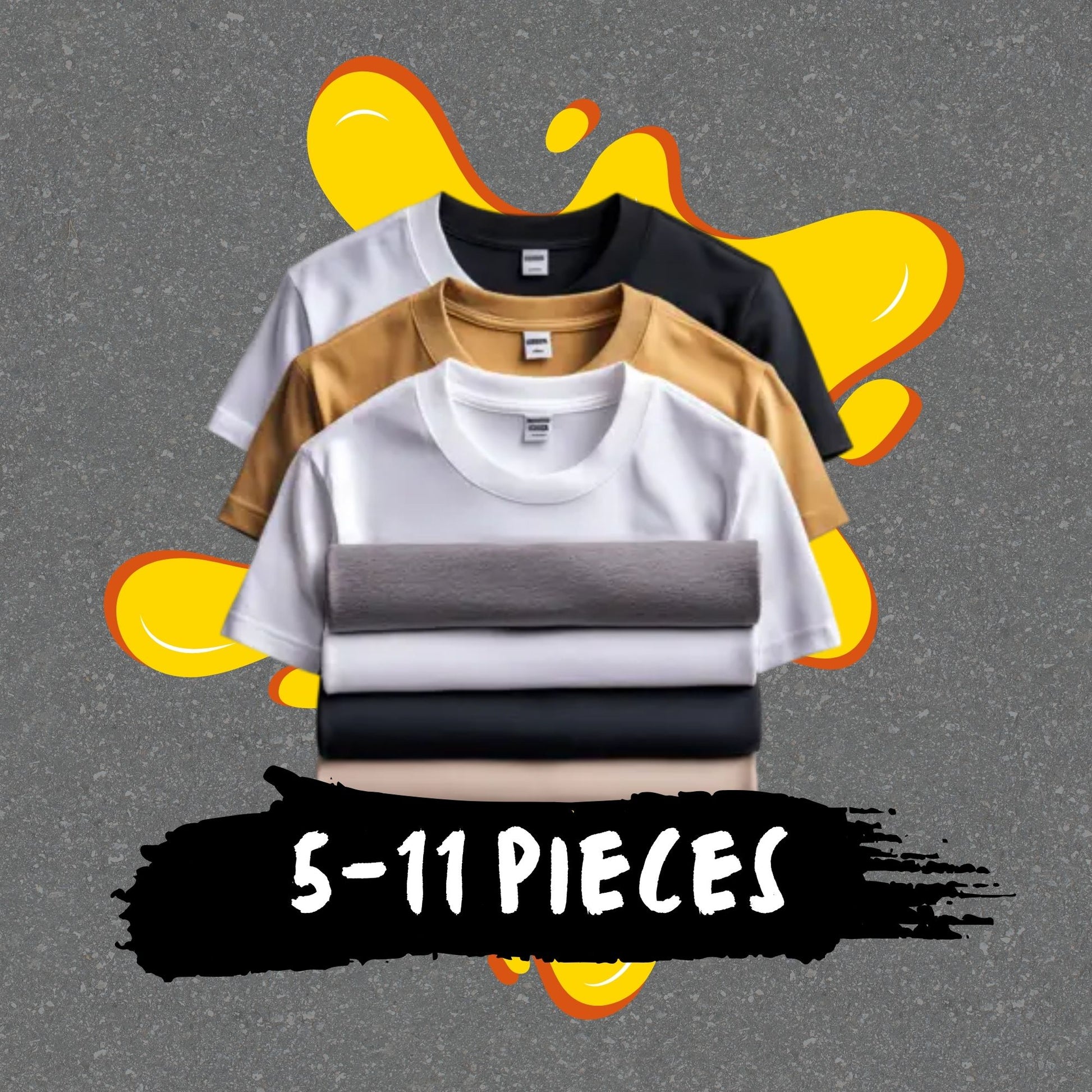 Stack of t-shirts with a gray background and colorful abstract shapes