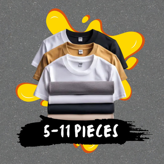 Stack of t-shirts with a gray background and colorful abstract shapes