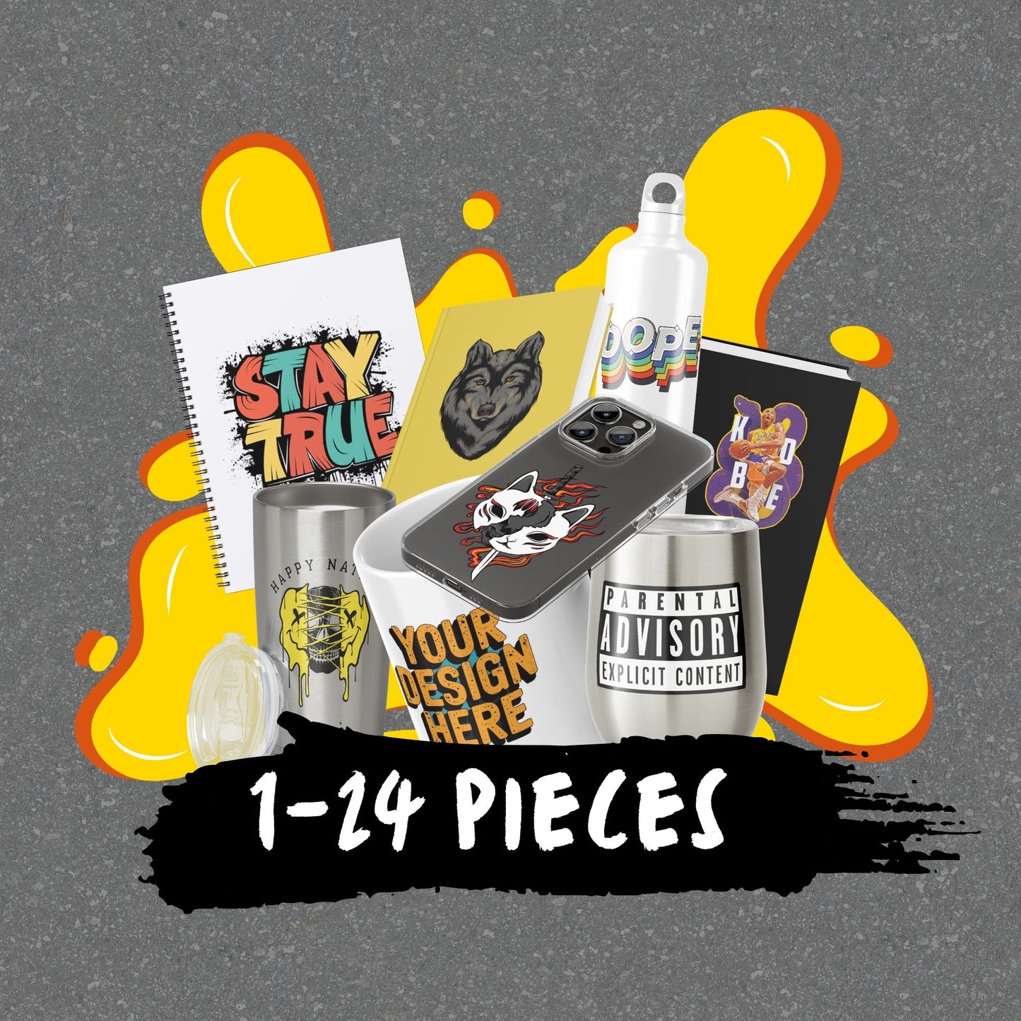 Collection of customizable merchandise items with design placeholders on a gray background with yellow accents.