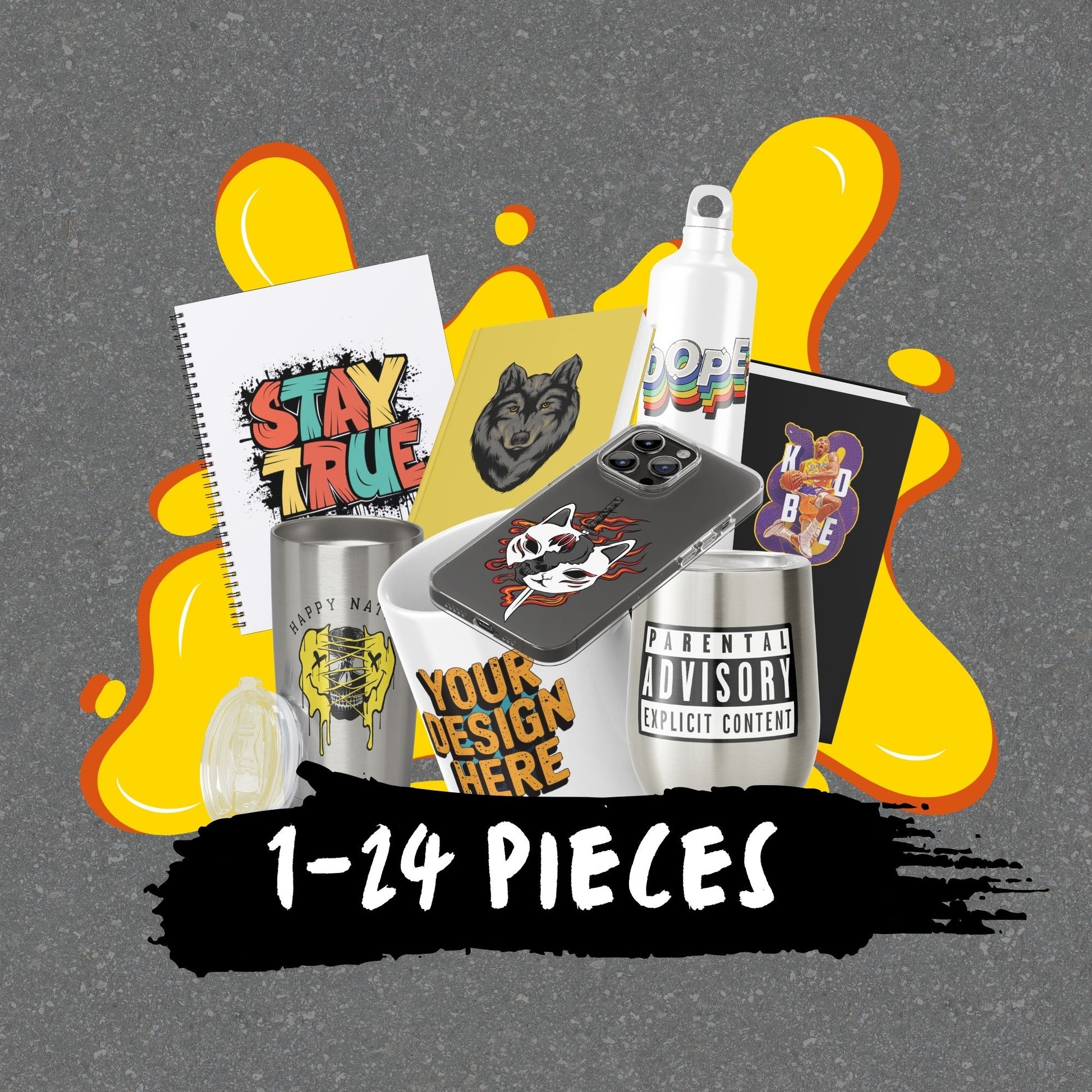 Collection of customizable merchandise items with design placeholders on a gray background with yellow accents.