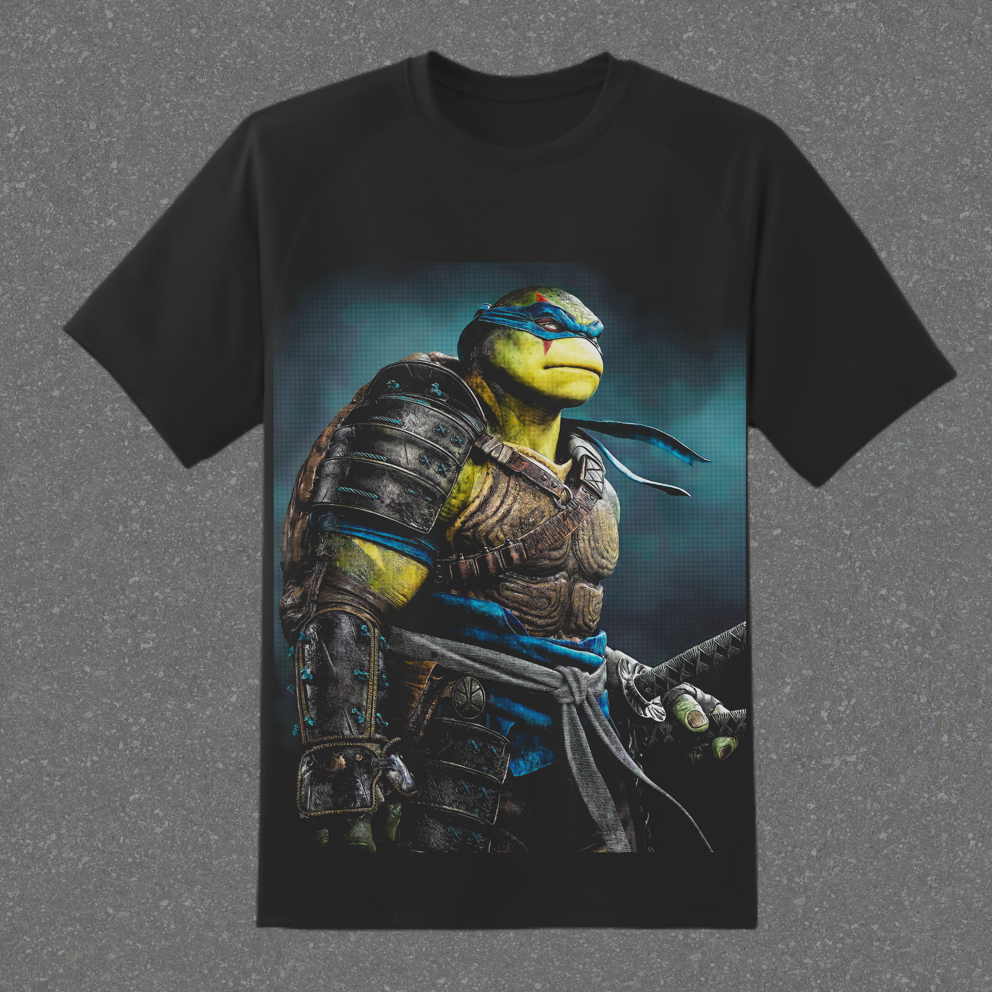 Black t-shirt with a graphic of a turtle character in armor on a gray background