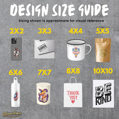Design size guide with various product images on a gray background
