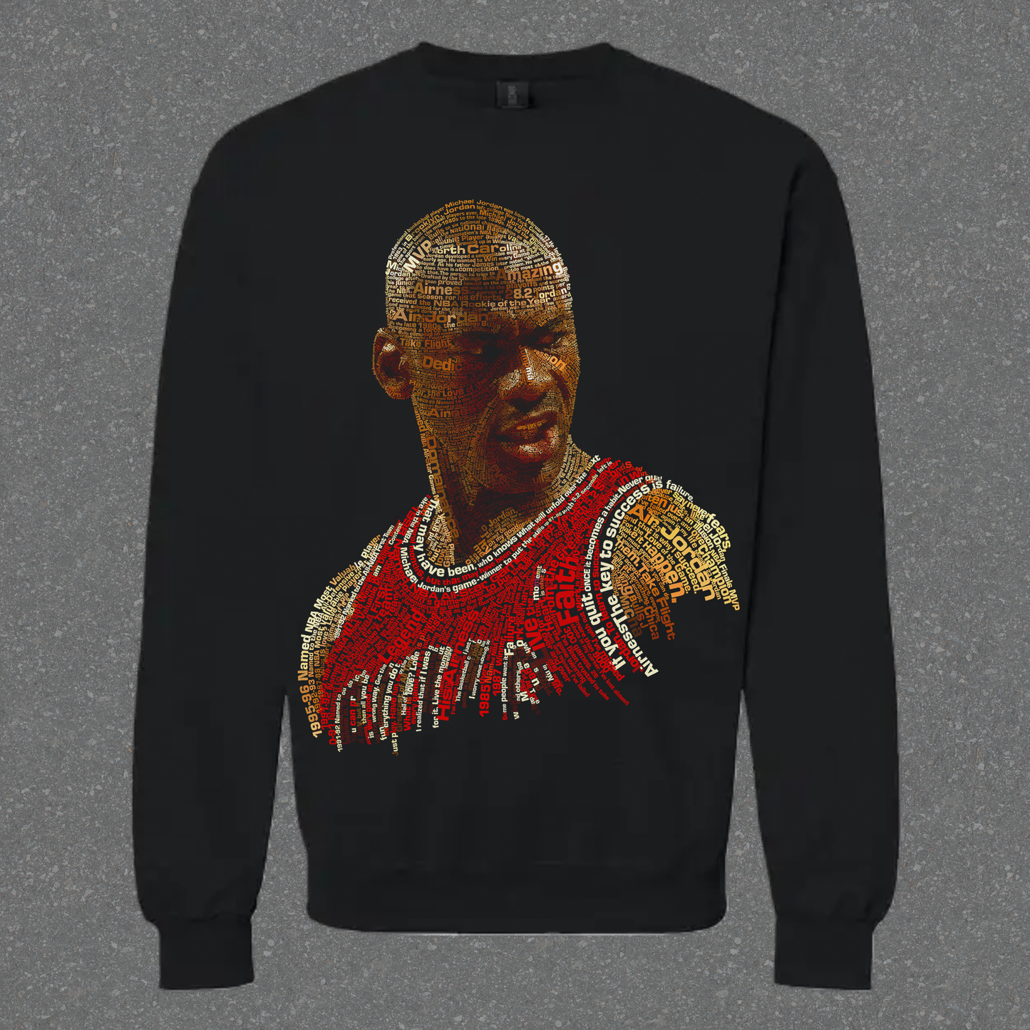 Black sweatshirt with a graphic design of a character on a red background