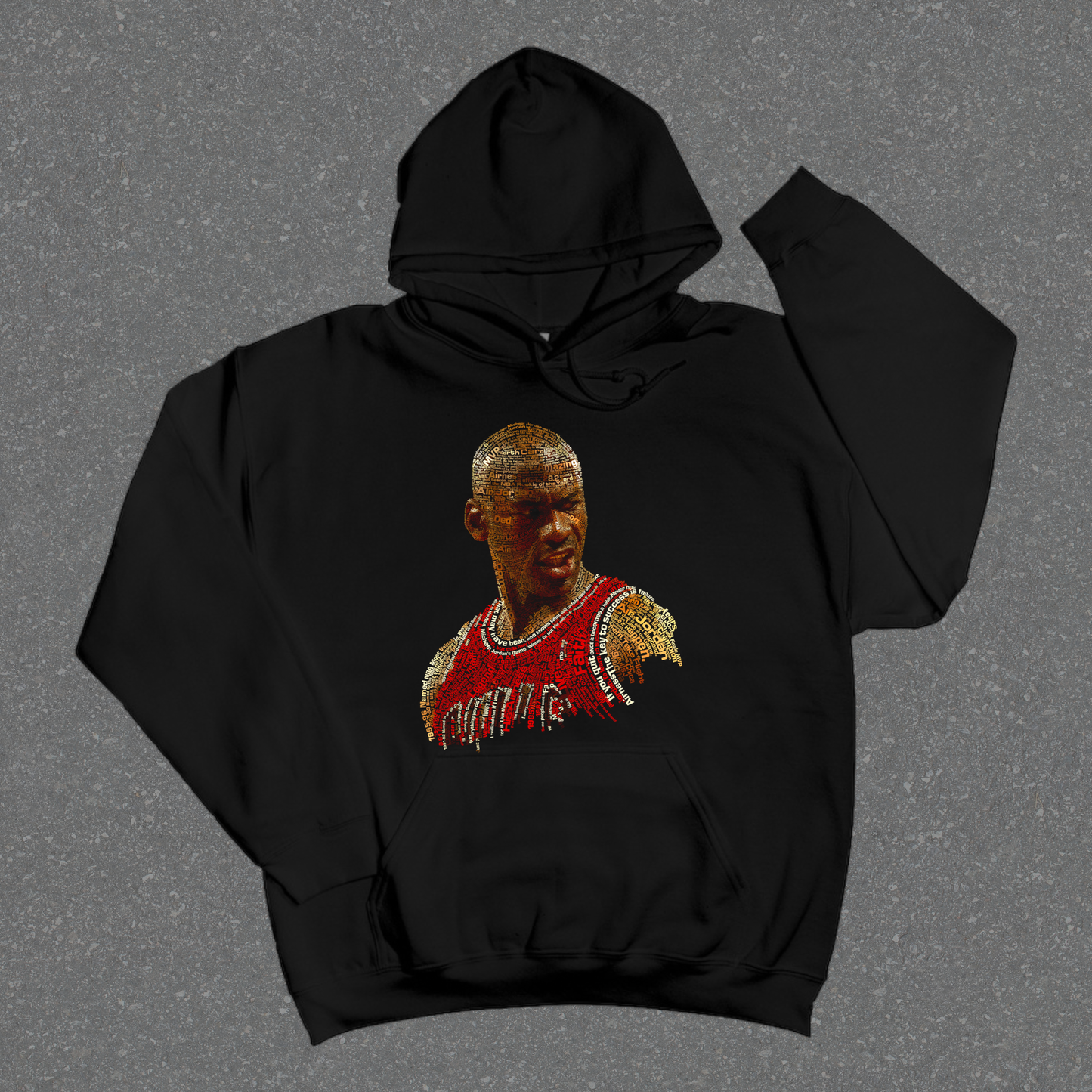 Black hoodie with a graphic design on a gray background