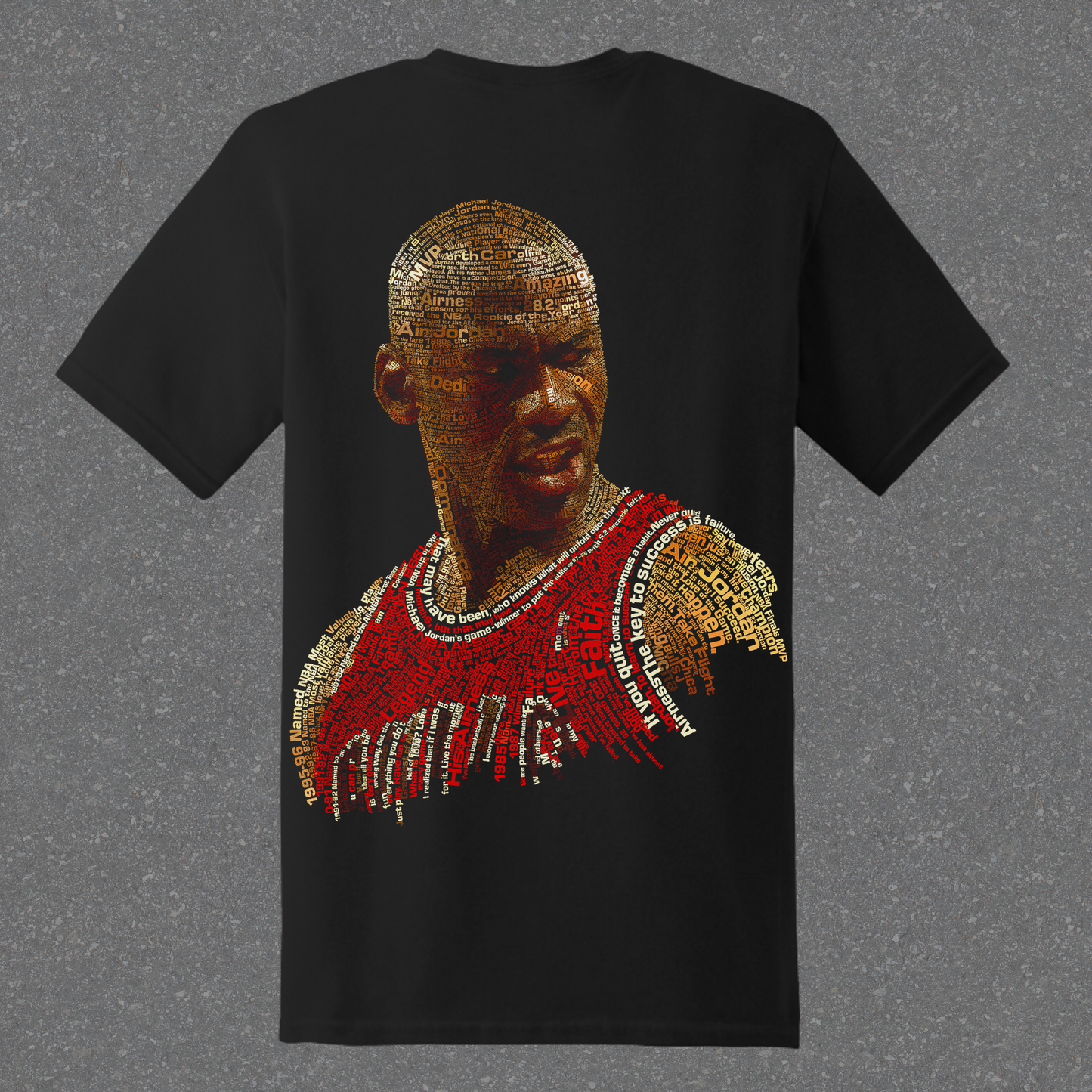 Black t-shirt with a graphic design on the back featuring a stylized face and text on a red background.