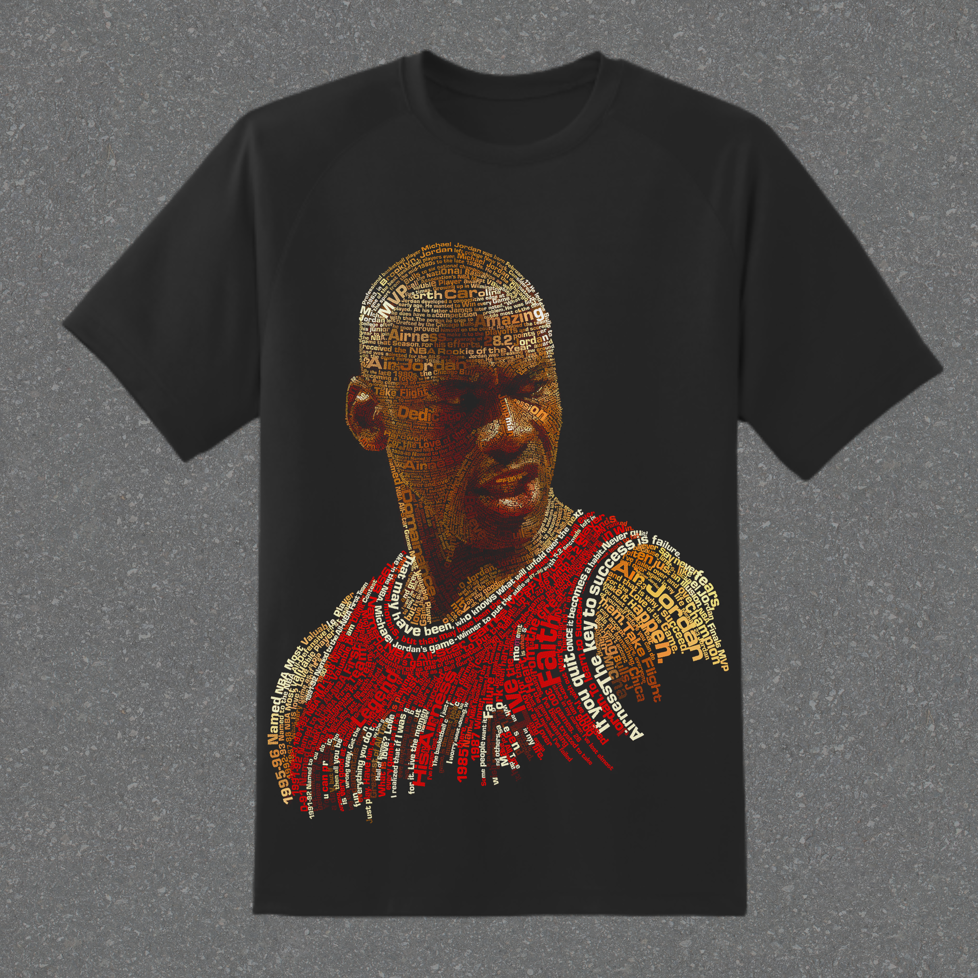 Black t-shirt with a graphic design of a famous basketball player in a red jersey on a gray background
