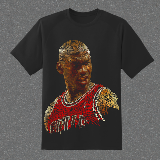 Black t-shirt with a graphic design of a famous basketball player in a red jersey on a gray background